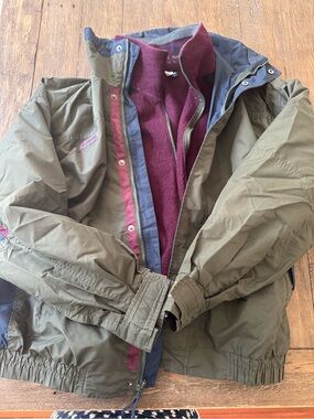 Columbia Green Olive Jacket with Burgundy Fleece Liner 2 in 1 set